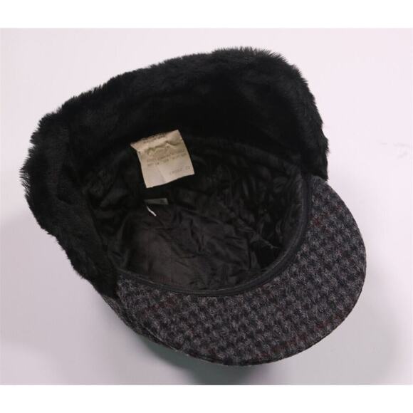 Mistral Made in France Gray Check Wool Hat w/ Fur Ear Flaps 59 cm - 7 3/8 New! - Picture 5 of 10